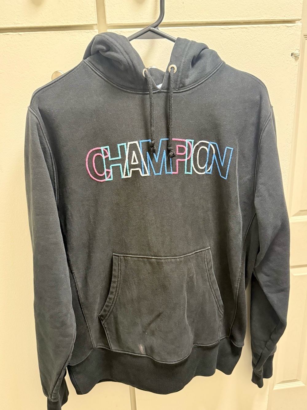 Champion Black Hoodie with Multicolor Neon Outline Logo
